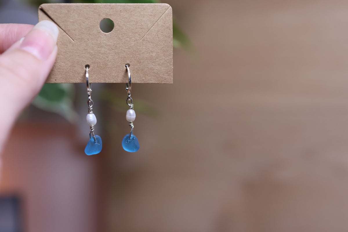 Sky Blue Sea Glass Pearl Huggie Earrings