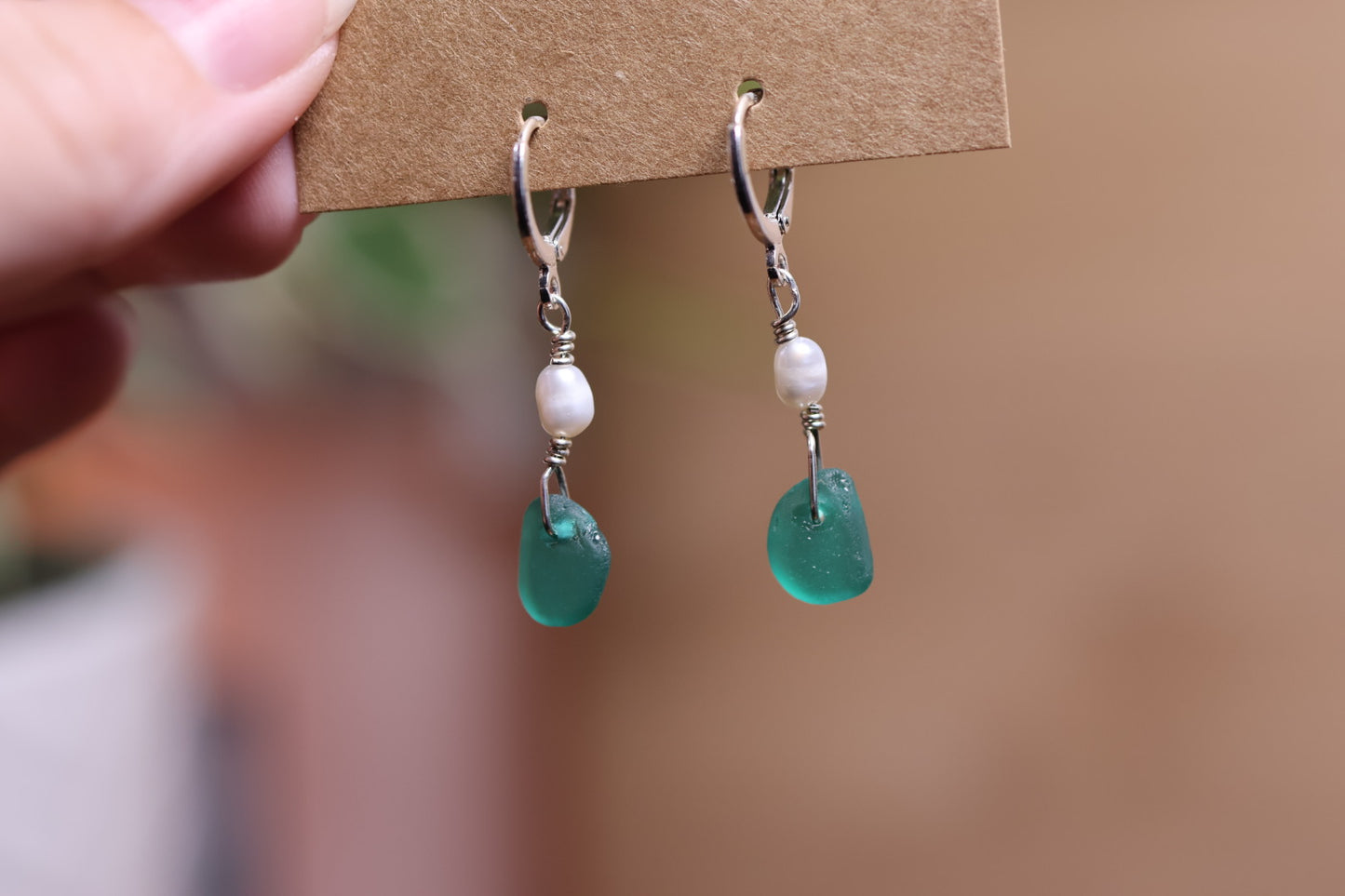 Dark Teal Sea Glass Pearl Huggie Earrings