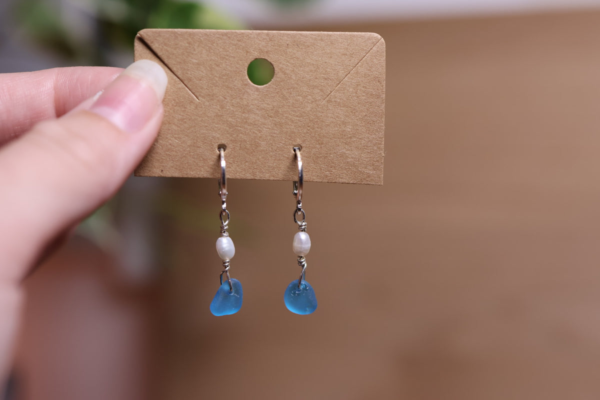 Sky Blue Sea Glass Pearl Huggie Earrings