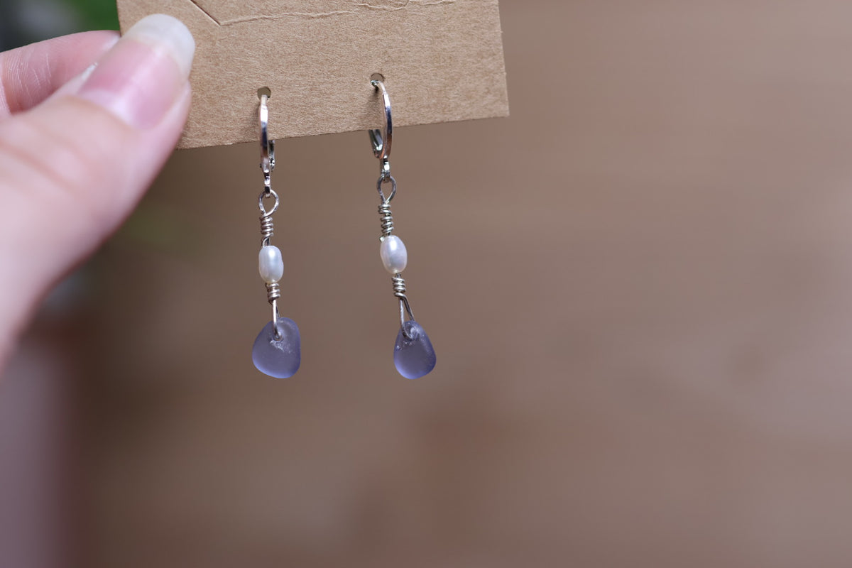 Periwinkle Sea Glass Pearl Huggie Earrings