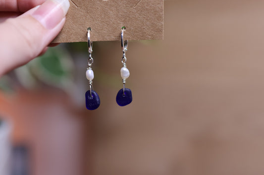 Cobalt Sea Glass Pearl Huggie Earrings
