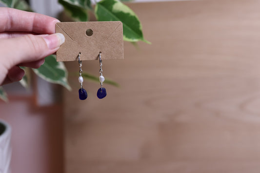Cobalt Sea Glass Pearl Huggie Earrings