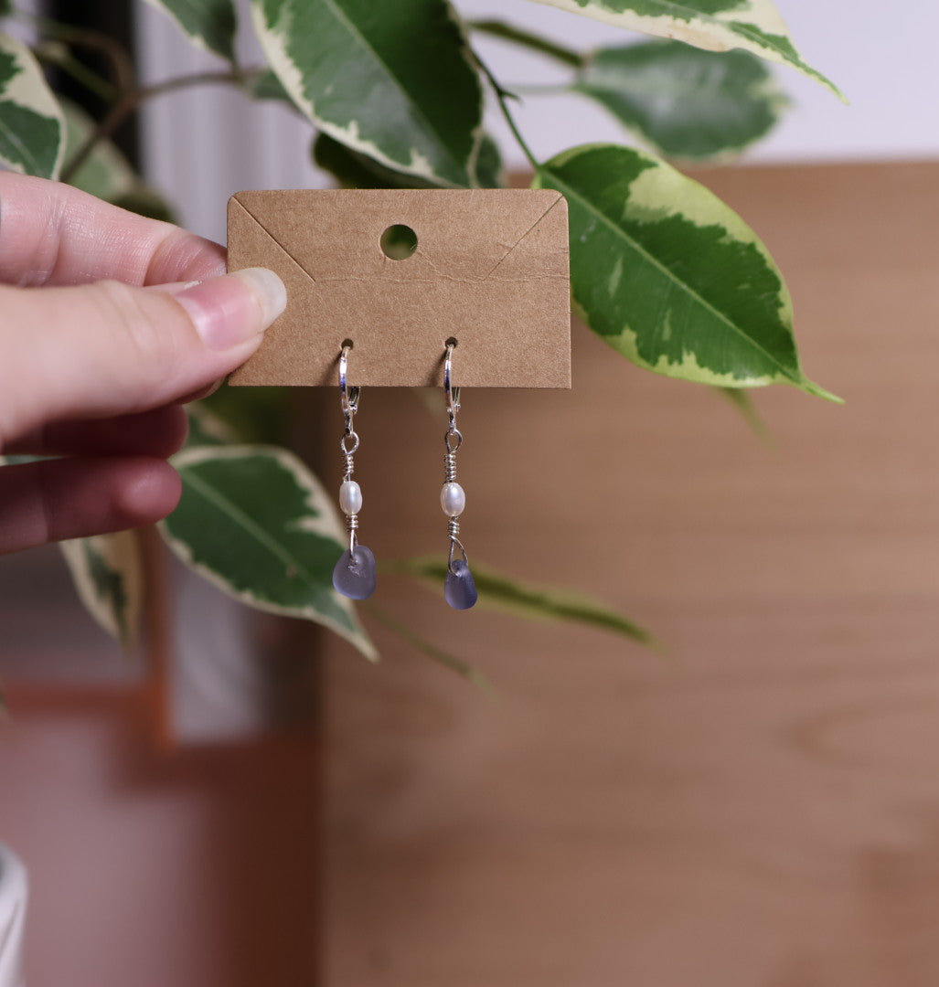 Periwinkle Sea Glass Pearl Huggie Earrings