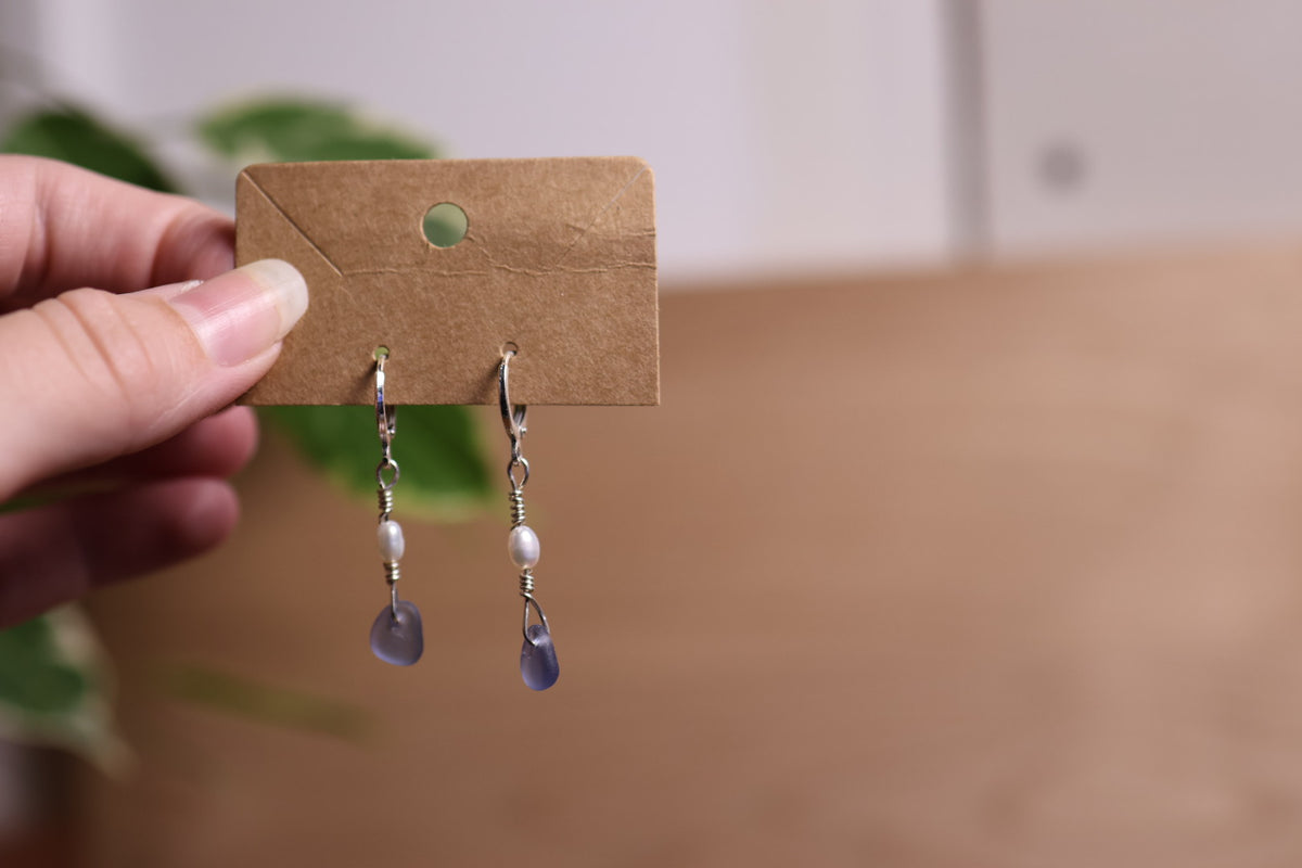Periwinkle Sea Glass Pearl Huggie Earrings