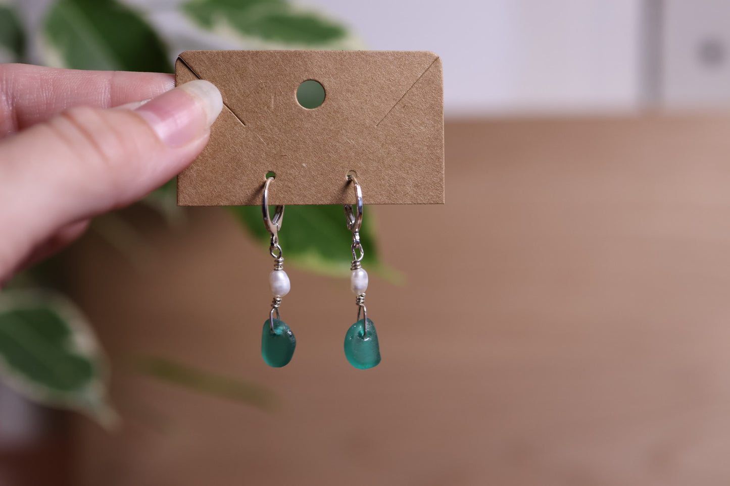 Dark Teal Sea Glass Pearl Huggie Earrings