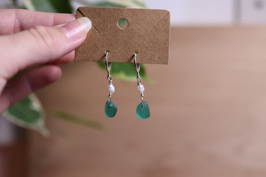 Dark Teal Sea Glass Pearl Huggie Earrings