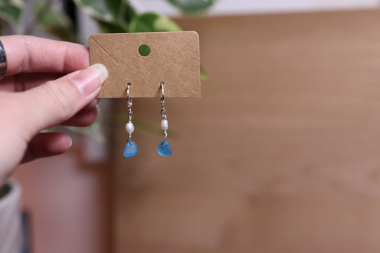 Sky Blue Sea Glass Pearl Huggie Earrings
